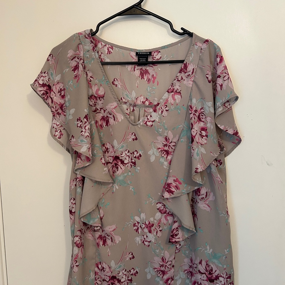 Torrid Pink and Gray Ruffled Cap Sleeve Blouse